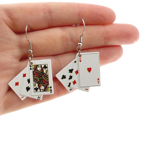 Playing Cards Dangle Earrings, Novelty Classic Card Game Earrings, Quirky Poker - Picture 1 of 4